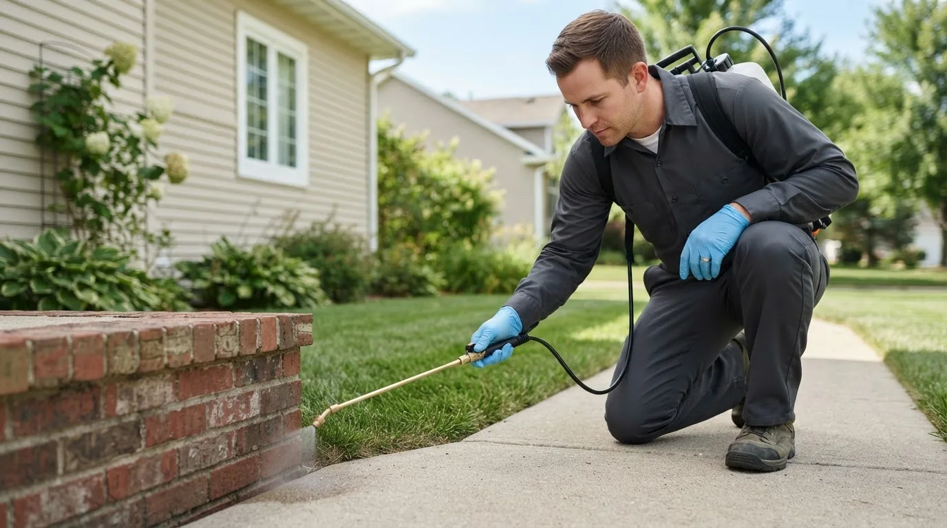 Pest control technician treating a home near Falls Village, CT